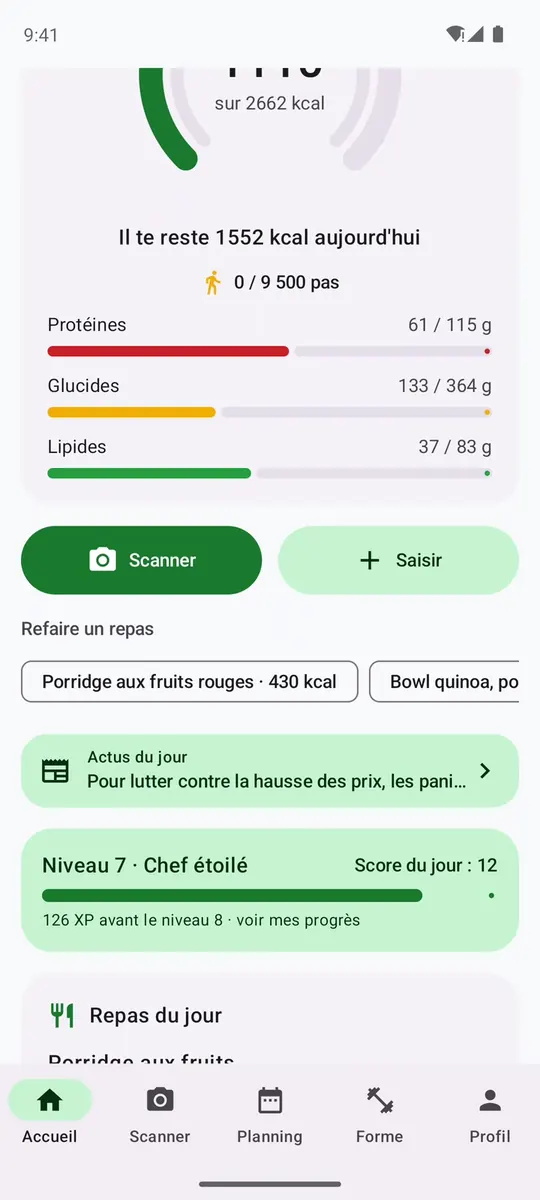 Écran d'accueil : 1 110 kcal sur 2 662