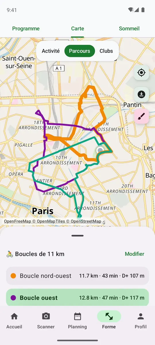 Carte des boucles à vélo autour de Paris