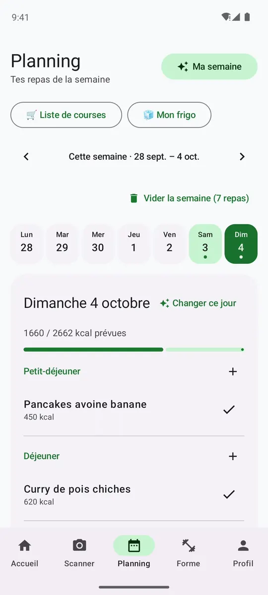 Écran Planning de la semaine