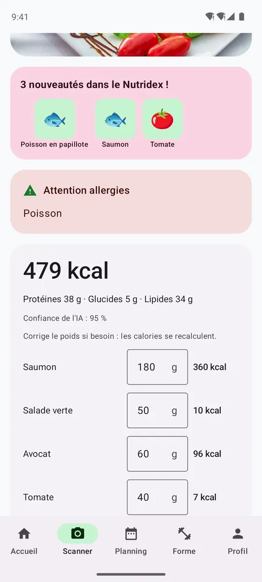 Écran Scanner de Lifoody : résultat de l'analyse d'un plat, 479 kcal